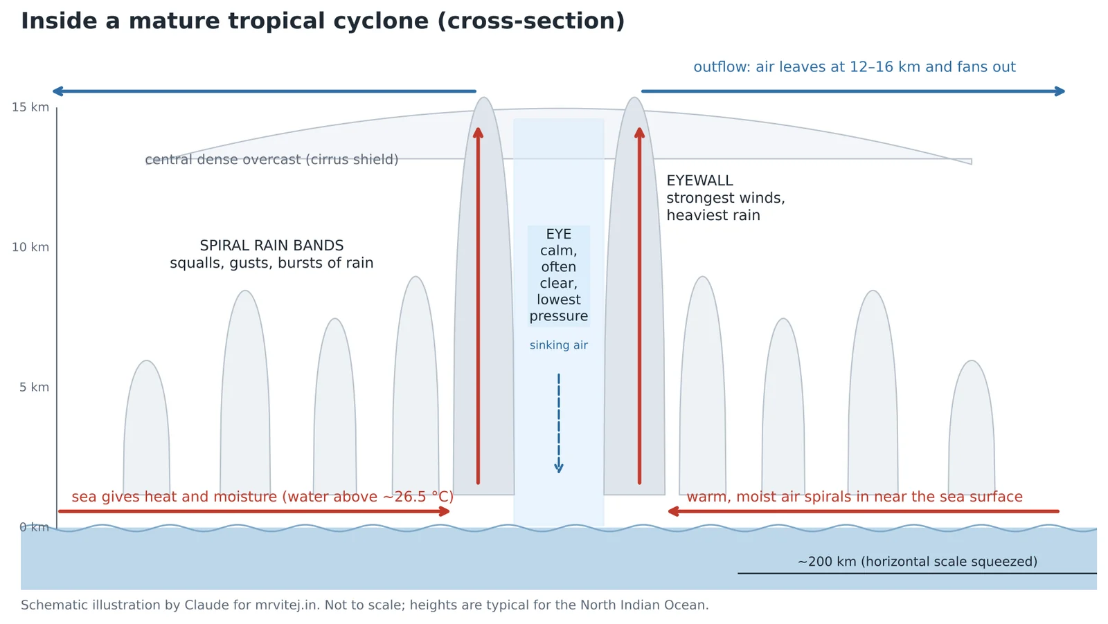 Cross-section diagram of a tropical cyclone showing the eye, eyewall, spiral rain bands, inflow near the sea surface and outflow at the top