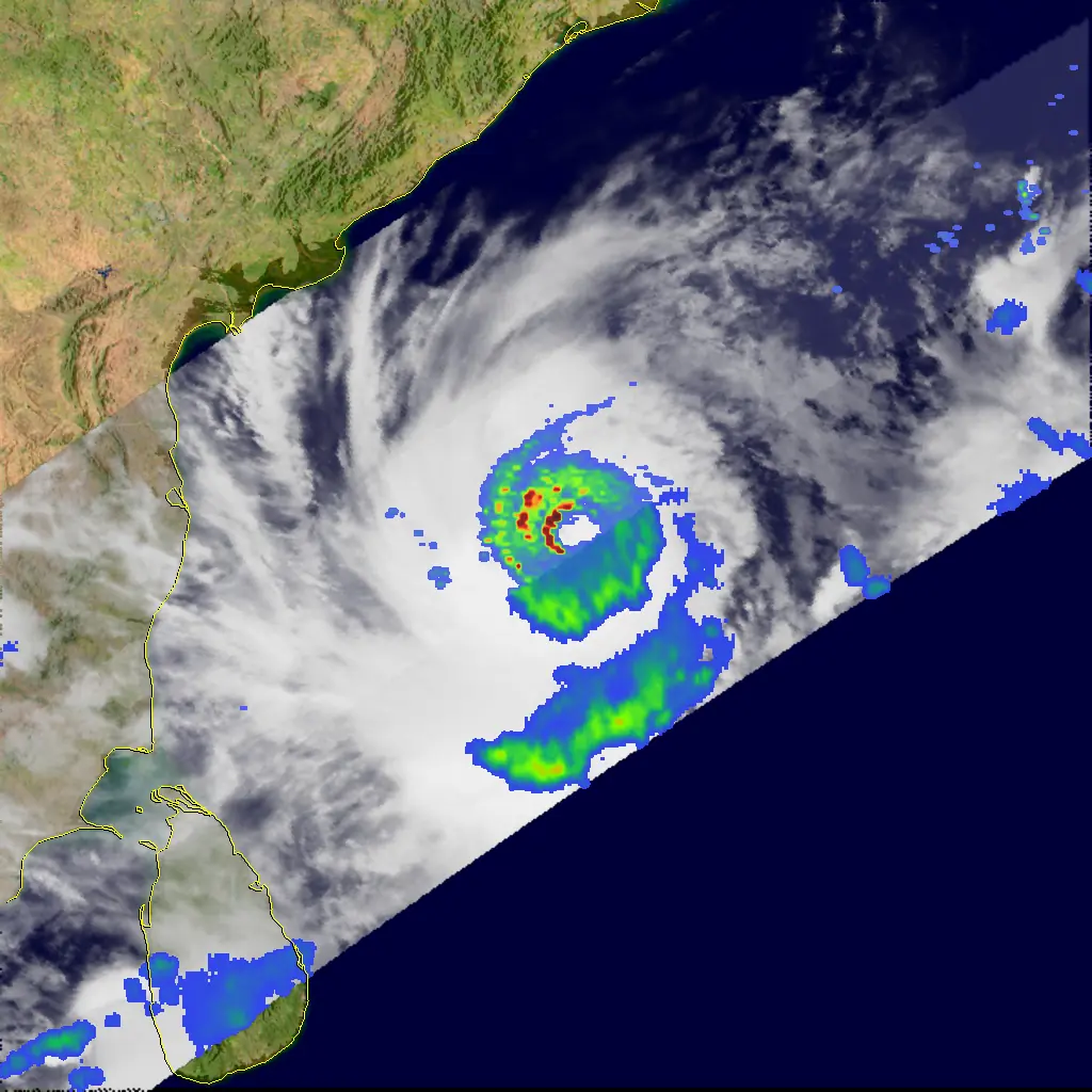 Satellite rainfall image from NASA's TRMM mission showing Cyclone Nargis over the western Bay of Bengal with the heaviest rain in red around the centre