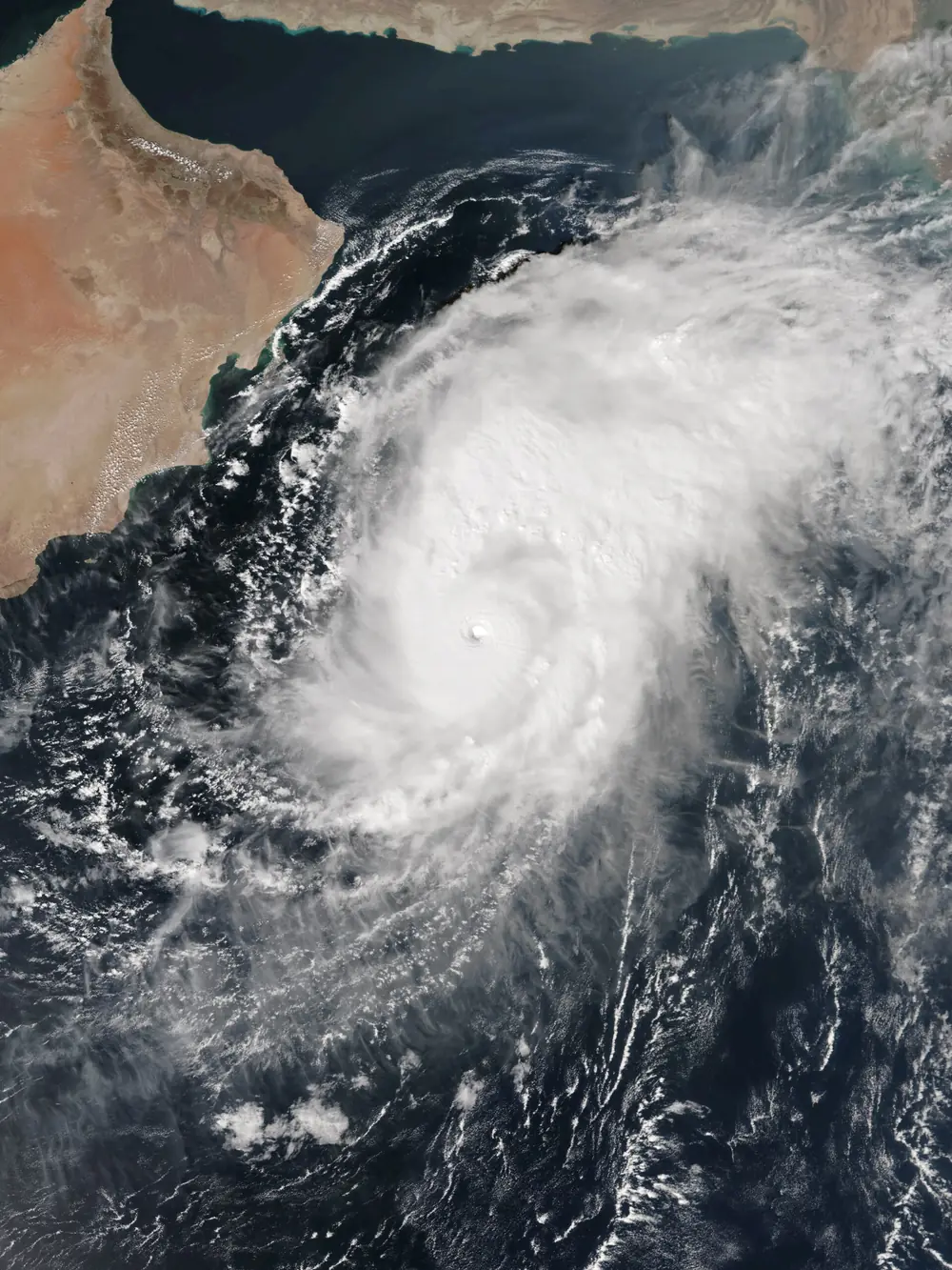 Satellite image of Cyclone Nilofar over the Arabian Sea with a compact central dense overcast
