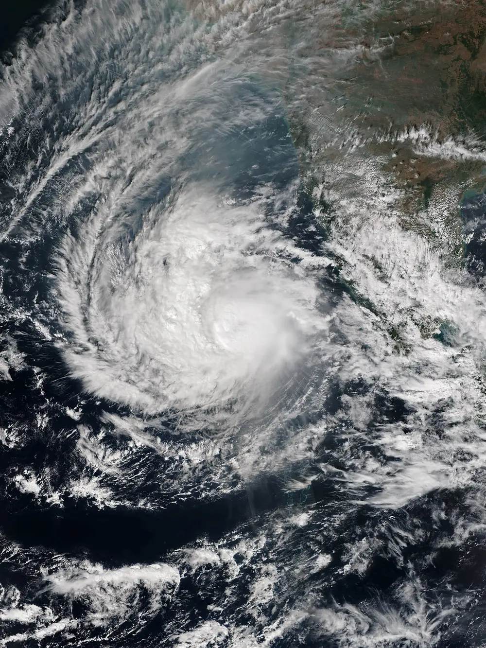 Satellite image of Cyclone Ockhi over the Lakshadweep Sea west of Kerala with a visible eye